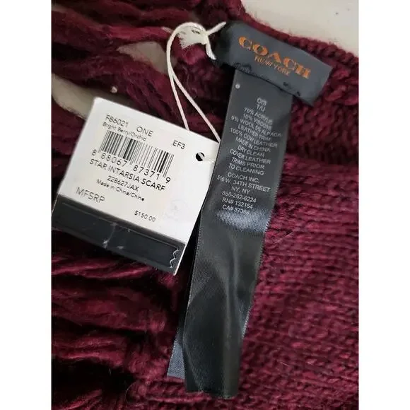 Coach Star Intarsia Long Fringe Scarf Wool Blend Bright Berry Orchid F86021 NWT. - Picture 7 of 14